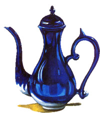 A slender blue tea pot that is part of the Kopi Pot logo